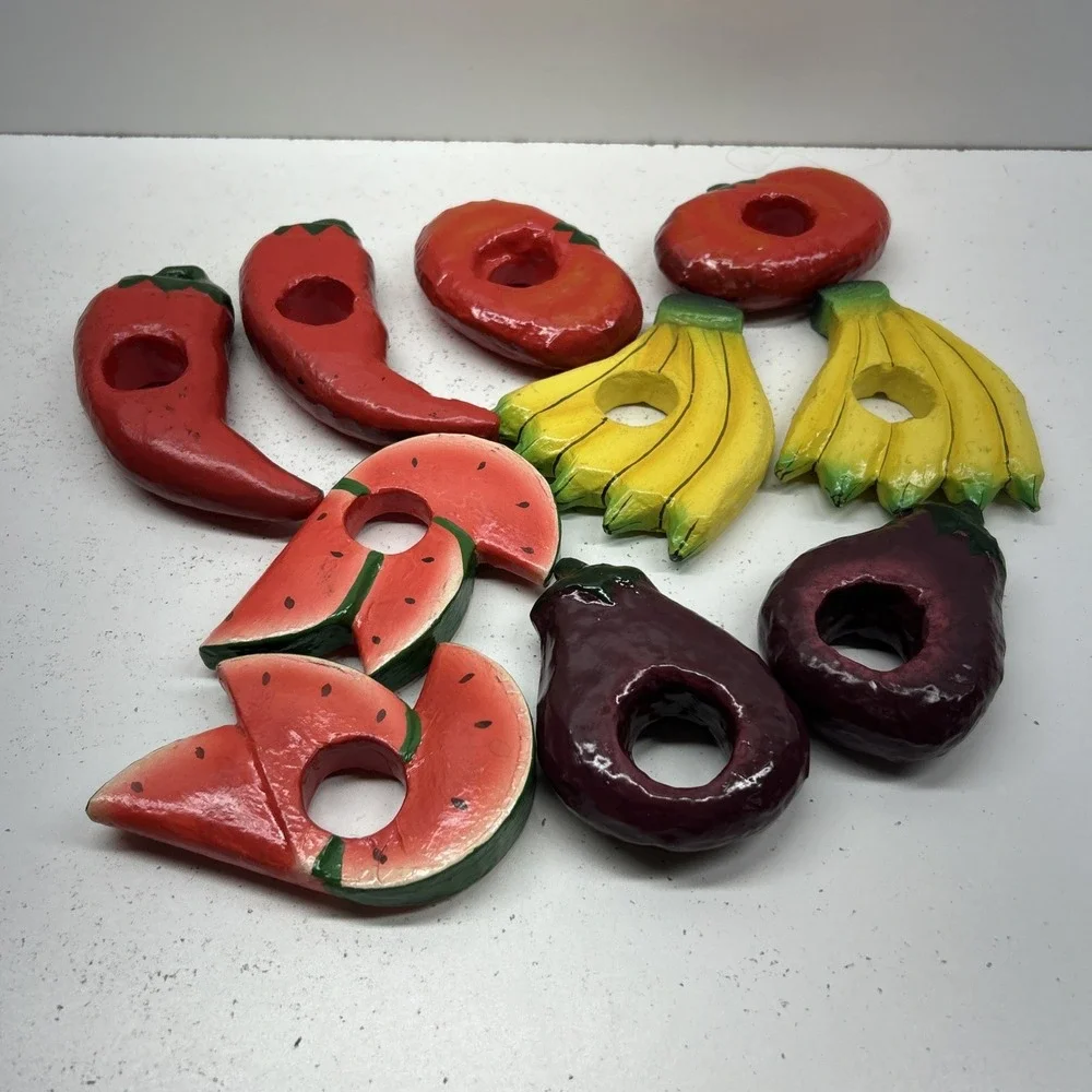 Vintage Wooden Fruit Napkin Rings Set 10 Watermelon‎ Hand Painted 1970's